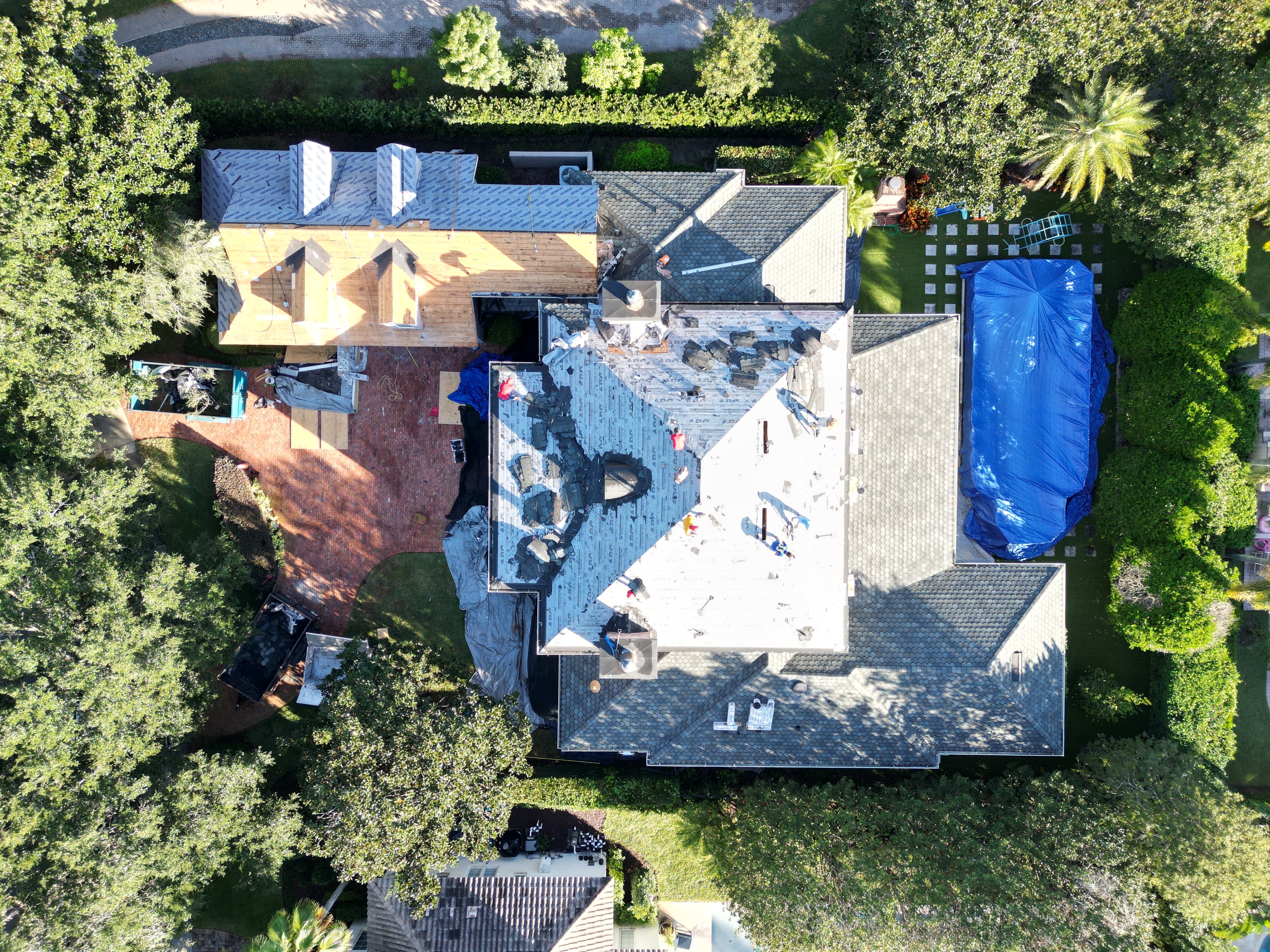 Drone shot — residential re-roof in progress